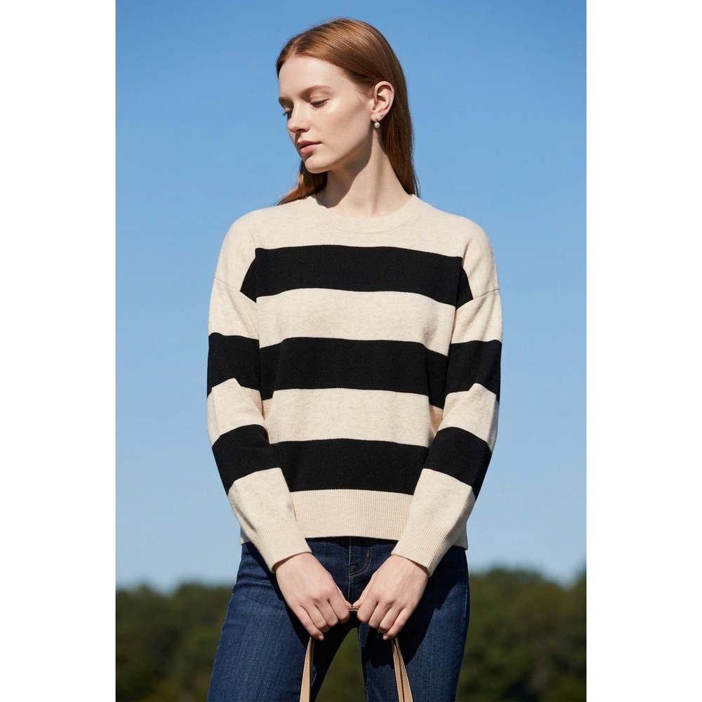 Splendid Women's Wool Blend Striped Knit Crewneck Sweater Black Beige